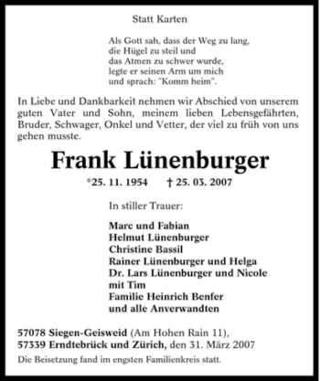 Traueranzeige von Frank Lünenburger von Tageszeitung