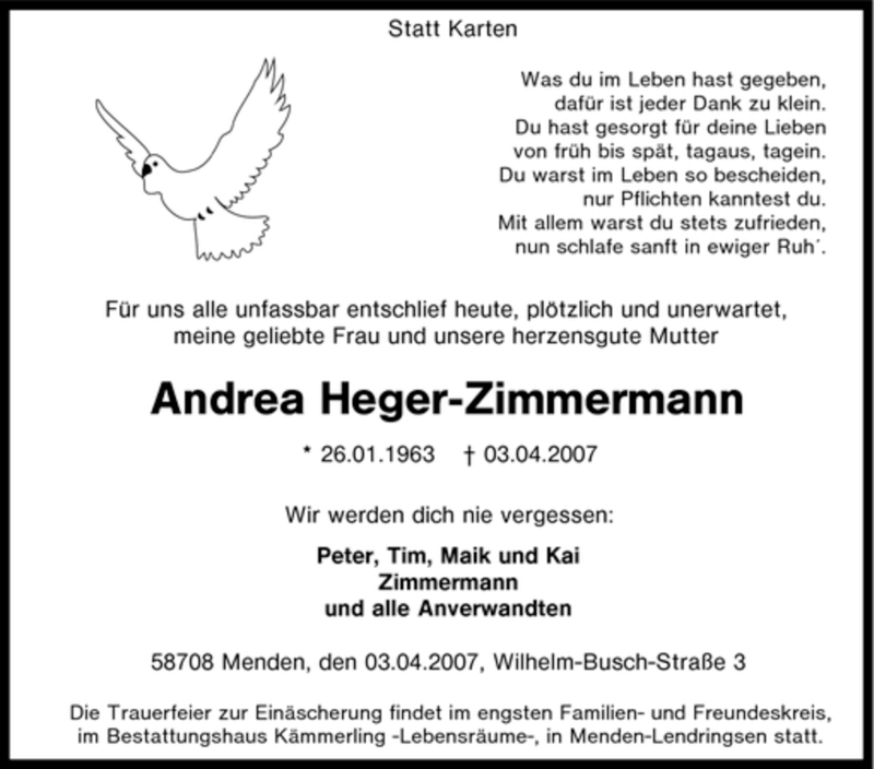  Traueranzeige für Andrea Heger-Zimmermann vom 10.04.2007 aus Tageszeitung