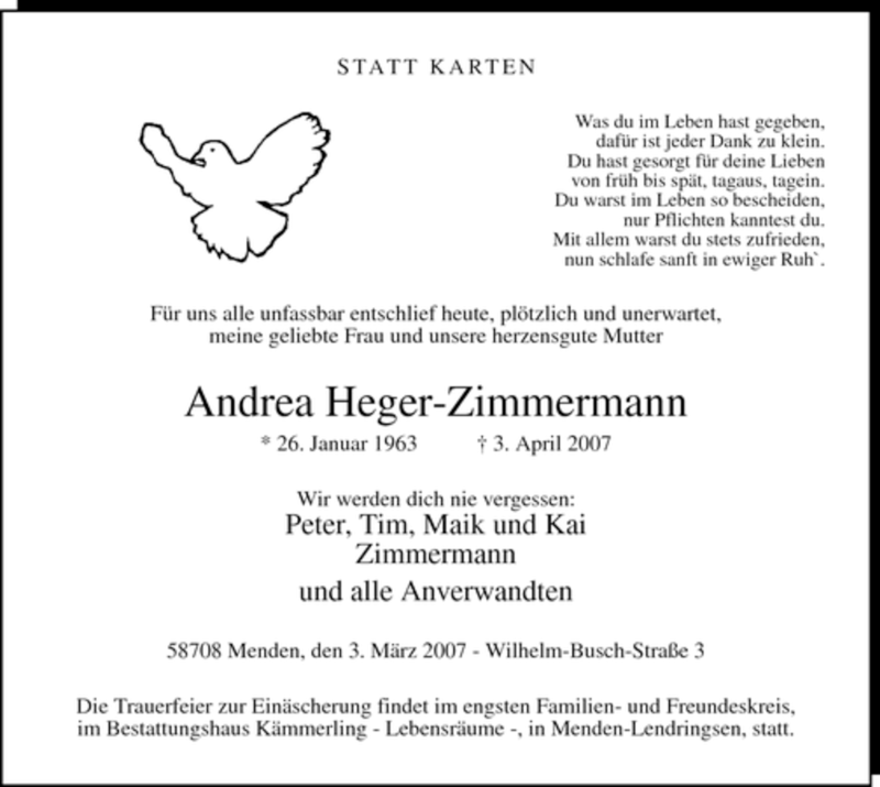  Traueranzeige für Andrea Heger-Zimmermann vom 10.04.2007 aus Tageszeitung