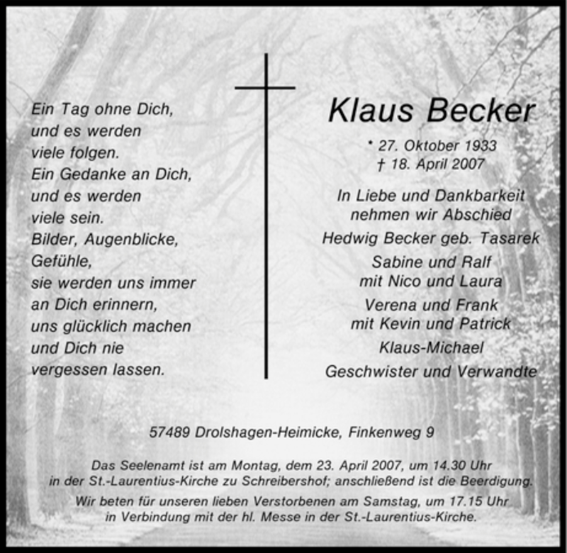  Traueranzeige für Klaus Becker vom 20.04.2007 aus WESTDEUTSCHE ALLGEMEINE ZEITUNG