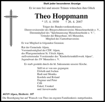 Traueranzeige von Theo Hoppmann von Tageszeitung