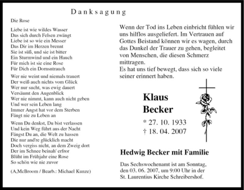 Traueranzeige für Klaus Becker vom 29.05.2007 aus WESTDEUTSCHE ALLGEMEINE ZEITUNG