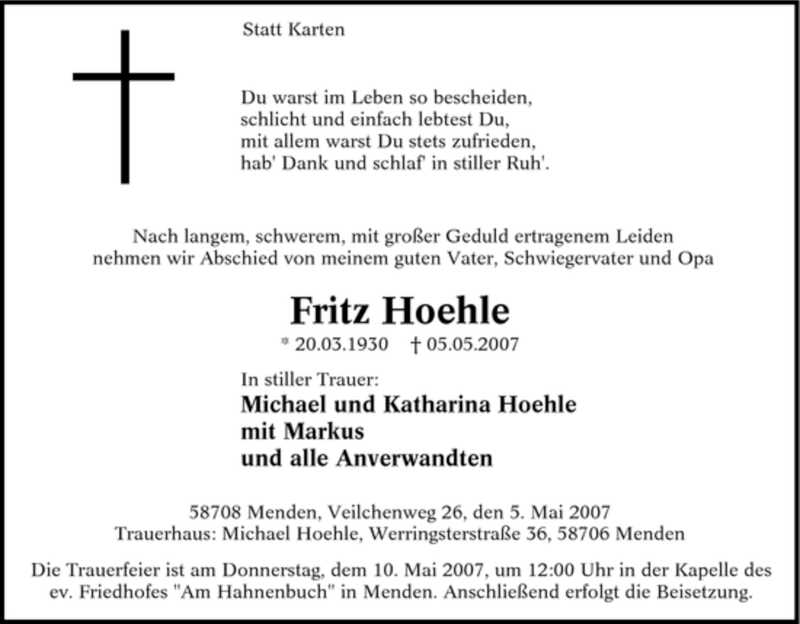  Traueranzeige für Fritz Hoehle vom 07.05.2007 aus Tageszeitung