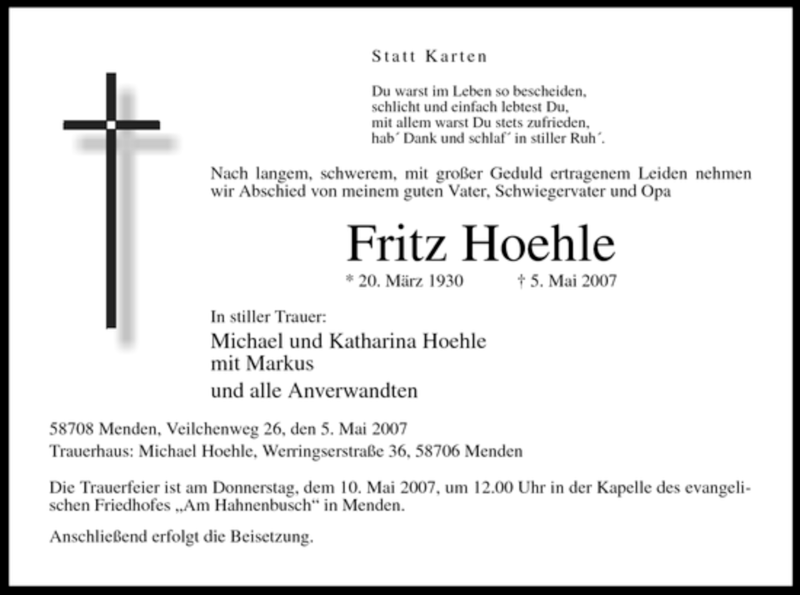  Traueranzeige für Fritz Hoehle vom 07.05.2007 aus Tageszeitung