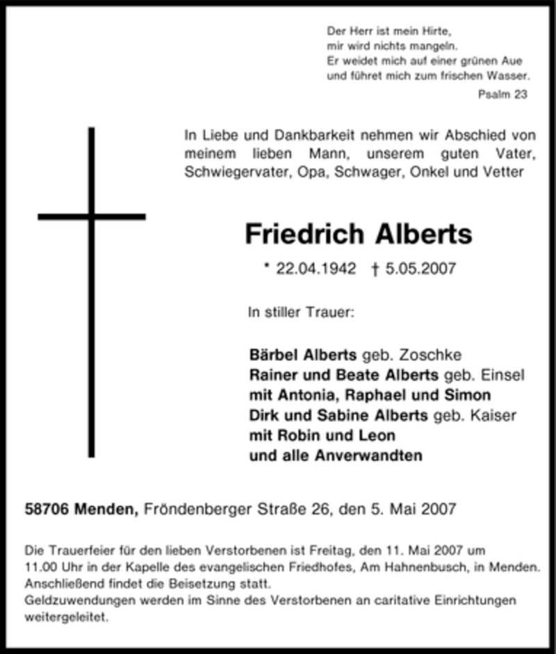 Traueranzeige für Friedrich Alberts vom 08.05.2007 aus Tageszeitung