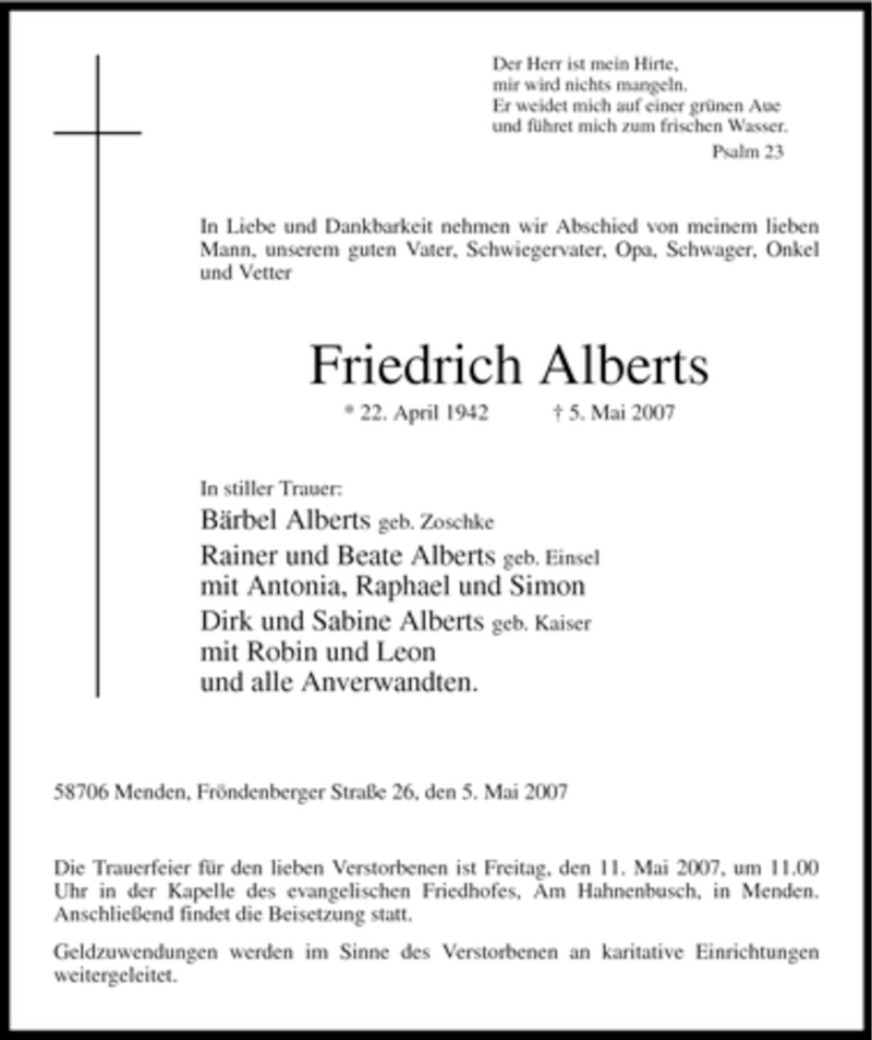  Traueranzeige für Friedrich Alberts vom 08.05.2007 aus Tageszeitung