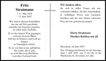 Traueranzeige von Fritz Stratmann von Tageszeitung