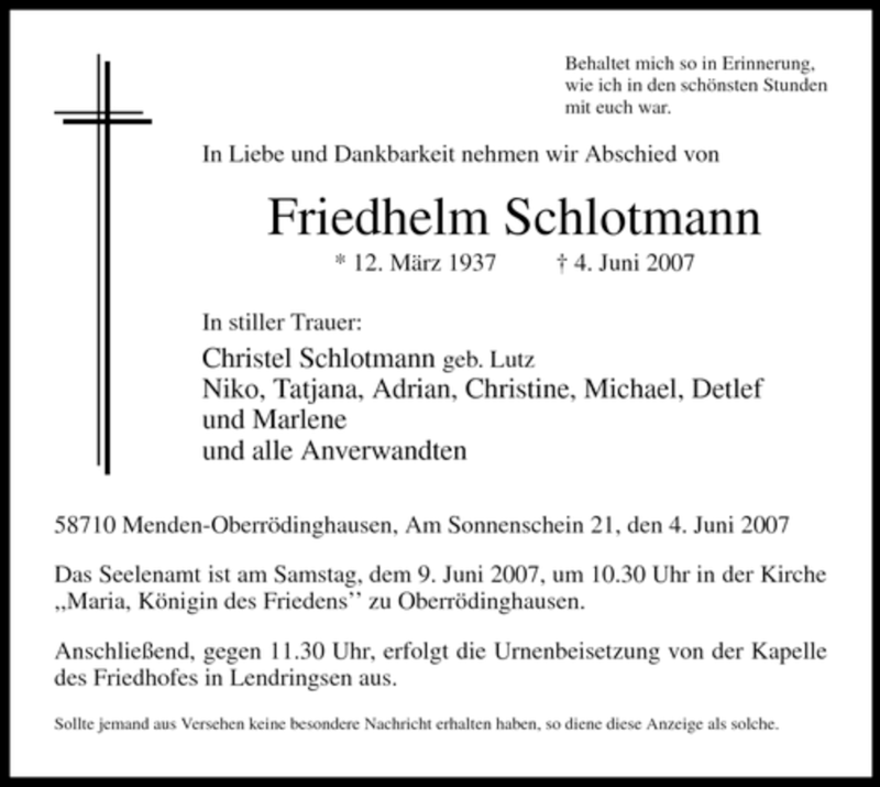  Traueranzeige für Friedhelm Schlotmann vom 06.06.2007 aus WESTDEUTSCHE ALLGEMEINE ZEITUNG