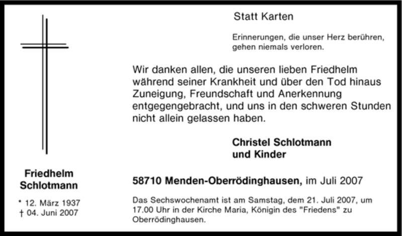  Traueranzeige für Friedhelm Schlotmann vom 14.07.2007 aus WESTDEUTSCHE ALLGEMEINE ZEITUNG