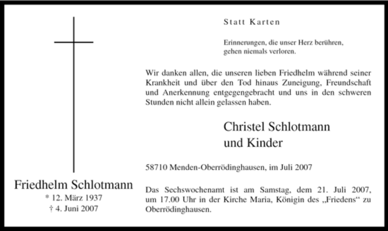  Traueranzeige für Friedhelm Schlotmann vom 14.07.2007 aus WESTDEUTSCHE ALLGEMEINE ZEITUNG