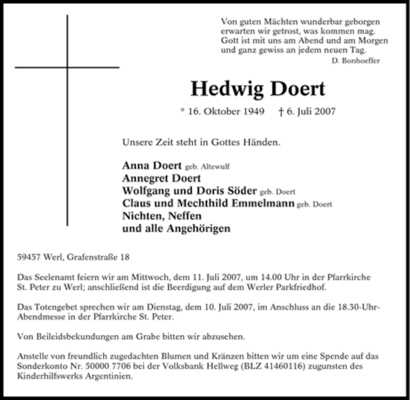 Traueranzeige für Hedwig Doert vom 09.07.2007 aus WESTDEUTSCHE ALLGEMEINE ZEITUNG