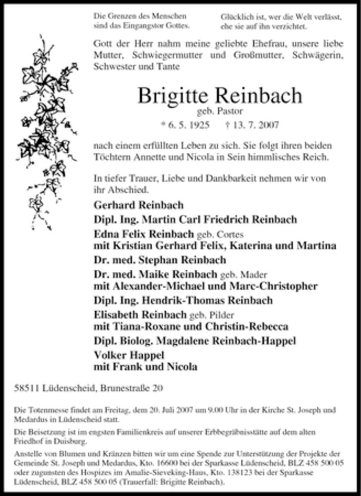  Traueranzeige für Brigitte Reinbach vom 17.07.2007 aus WESTDEUTSCHE ALLGEMEINE ZEITUNG