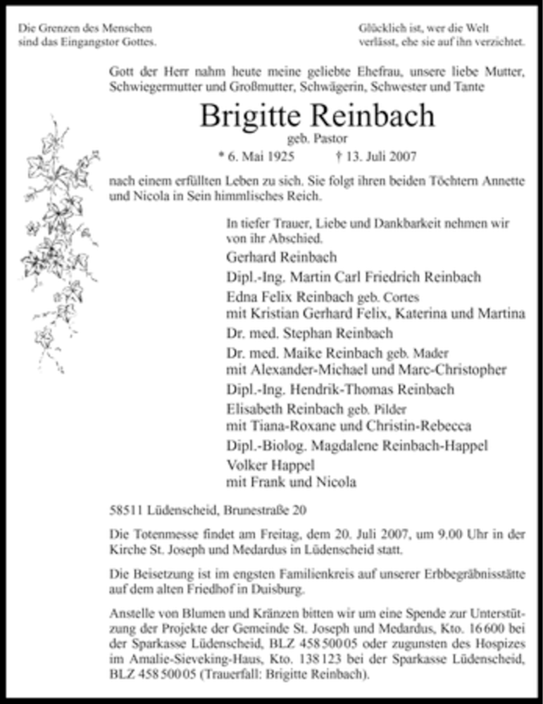  Traueranzeige für Brigitte Reinbach vom 17.07.2007 aus WESTDEUTSCHE ALLGEMEINE ZEITUNG
