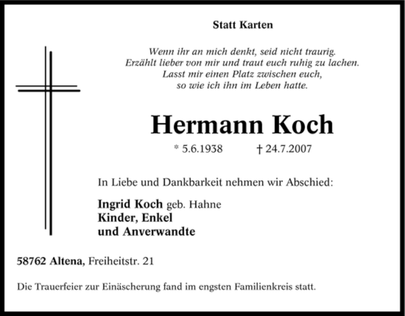  Traueranzeige für Hermann Koch vom 30.07.2007 aus WESTDEUTSCHE ALLGEMEINE ZEITUNG