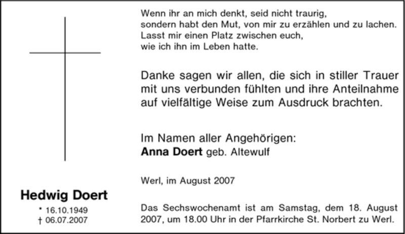  Traueranzeige für Hedwig Doert vom 14.08.2007 aus WESTDEUTSCHE ALLGEMEINE ZEITUNG