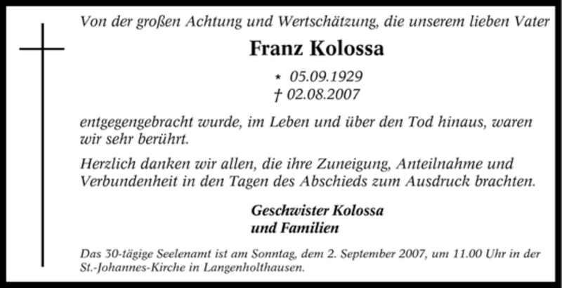  Traueranzeige für Franz Kolossa vom 28.08.2007 aus WESTDEUTSCHE ALLGEMEINE ZEITUNG