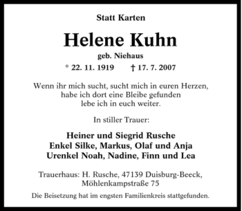Traueranzeige von Helene Kuhn von Tageszeitung