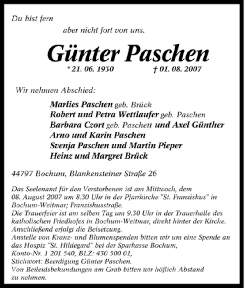  Traueranzeige für Günter Paschen vom 04.08.2007 aus Tageszeitung