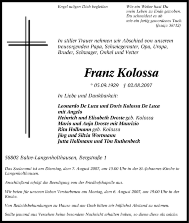  Traueranzeige für Franz Kolossa vom 04.08.2007 aus WESTDEUTSCHE ALLGEMEINE ZEITUNG