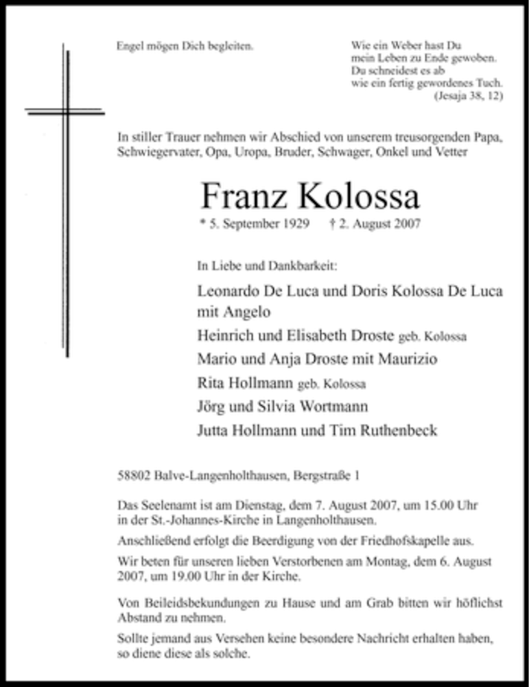  Traueranzeige für Franz Kolossa vom 04.08.2007 aus WESTDEUTSCHE ALLGEMEINE ZEITUNG
