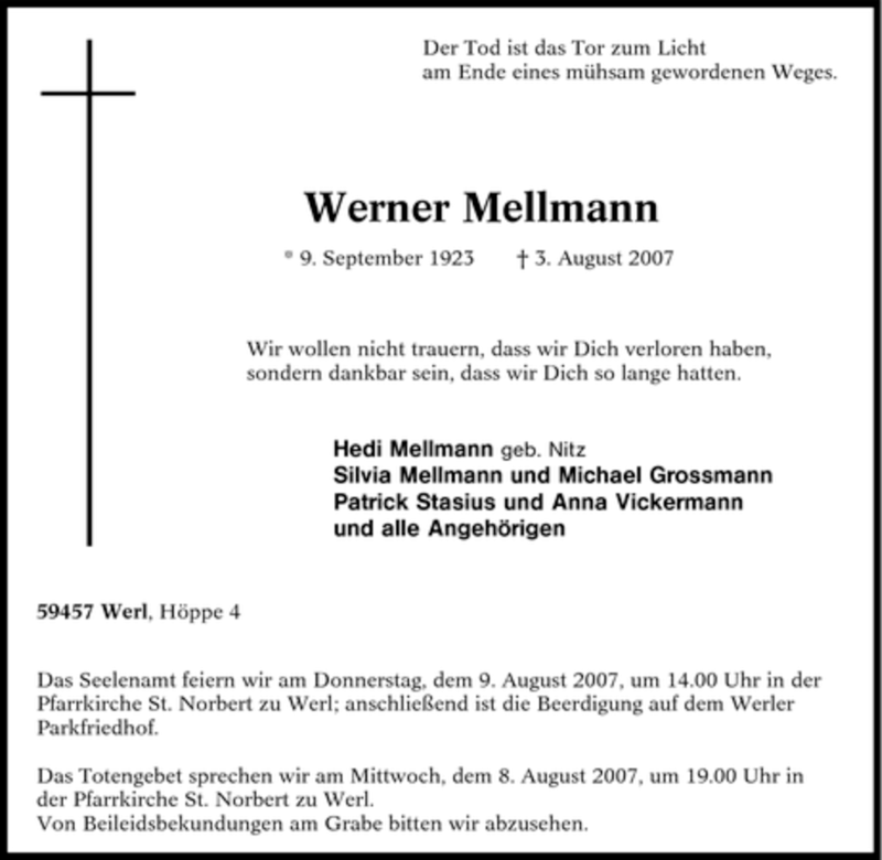  Traueranzeige für Werner Mellmann vom 06.08.2007 aus WESTDEUTSCHE ALLGEMEINE ZEITUNG