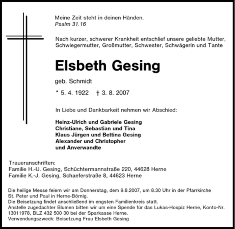  Traueranzeige für Elsbeth Gesing vom 07.08.2007 aus Tageszeitung