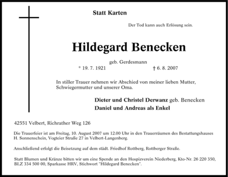  Traueranzeige für Hildegard Benecken vom 08.08.2007 aus WESTDEUTSCHE ALLGEMEINE ZEITUNG