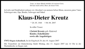 Traueranzeige von Klaus-Dieter Kreutz von Tageszeitung