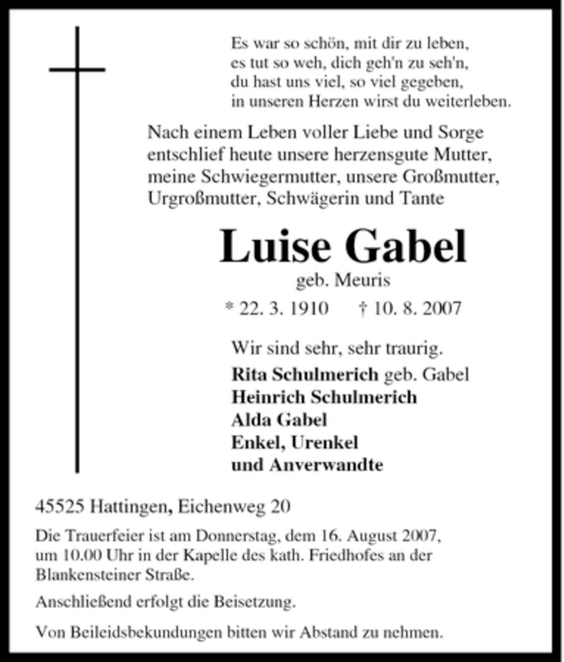  Traueranzeige für Luise Gabel vom 14.08.2007 aus WESTDEUTSCHE ALLGEMEINE ZEITUNG