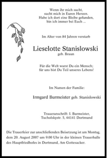 Traueranzeige von Lieselotte Stanislowski von WESTDEUTSCHE ALLGEMEINE ZEITUNG