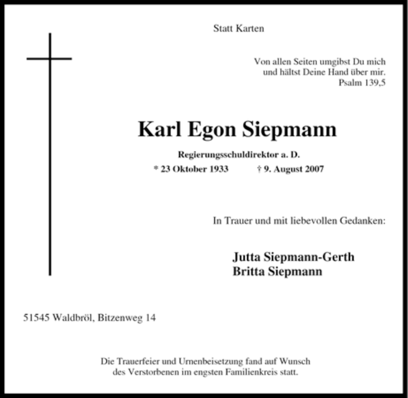  Traueranzeige für Karl Egon Siepmann vom 18.08.2007 aus WESTDEUTSCHE ALLGEMEINE ZEITUNG