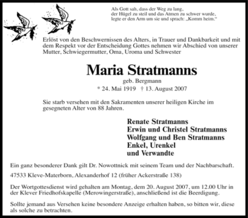 Traueranzeige von Maria Stratmanns von Tageszeitung