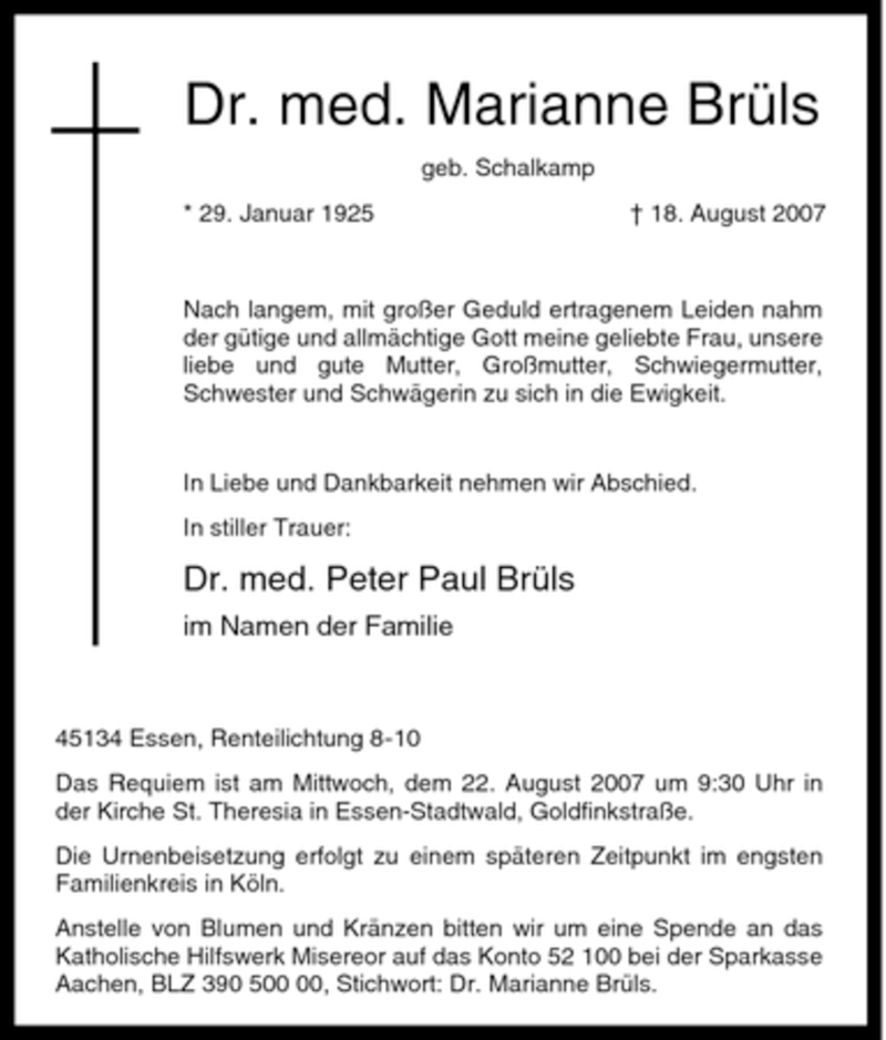  Traueranzeige für Marianne Brüls vom 21.08.2007 aus WESTDEUTSCHE ALLGEMEINE ZEITUNG