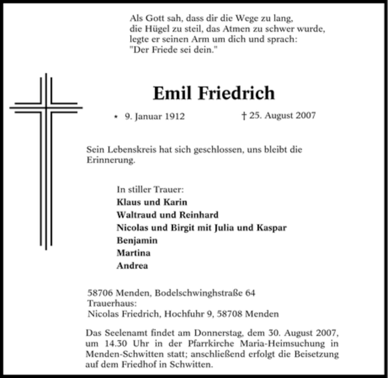  Traueranzeige für Emil Friedrich vom 27.08.2007 aus WESTDEUTSCHE ALLGEMEINE ZEITUNG