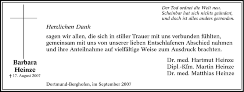  Traueranzeige für Barbara Heinze vom 08.09.2007 aus Tageszeitung