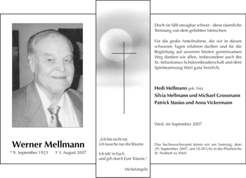  Traueranzeige für Werner Mellmann vom 22.09.2007 aus WESTDEUTSCHE ALLGEMEINE ZEITUNG