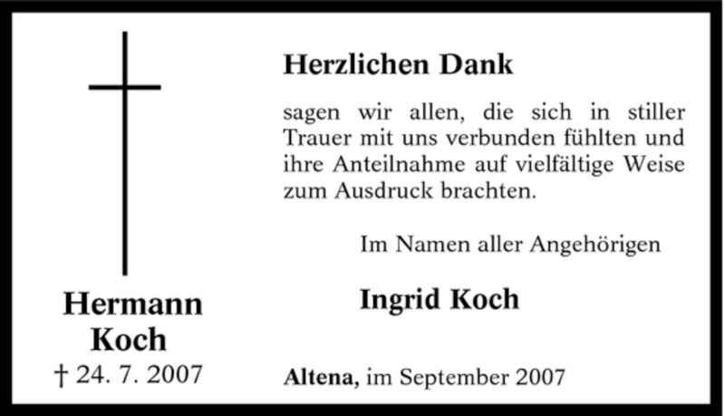 Traueranzeige für Hermann Koch vom 29.09.2007 aus WESTDEUTSCHE ALLGEMEINE ZEITUNG