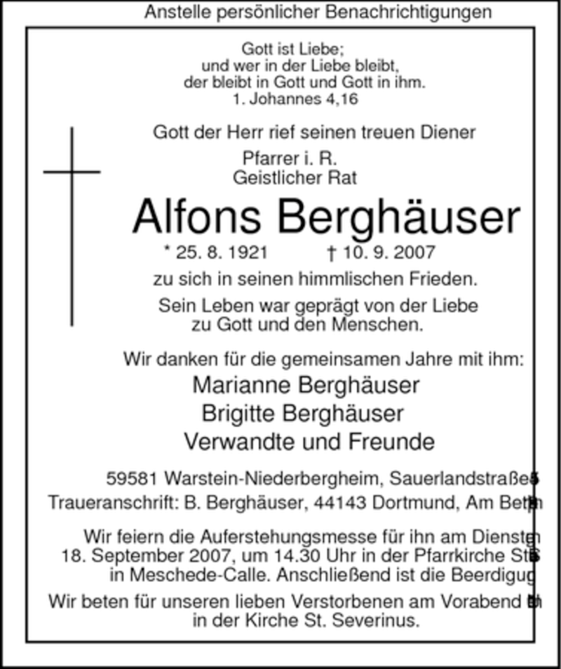  Traueranzeige für Alfons Berghäuser vom 13.09.2007 aus WESTDEUTSCHE ALLGEMEINE ZEITUNG