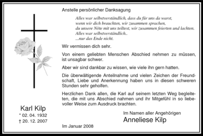  Traueranzeige für Karl Kilp vom 19.01.2008 aus WESTDEUTSCHE ALLGEMEINE ZEITUNG