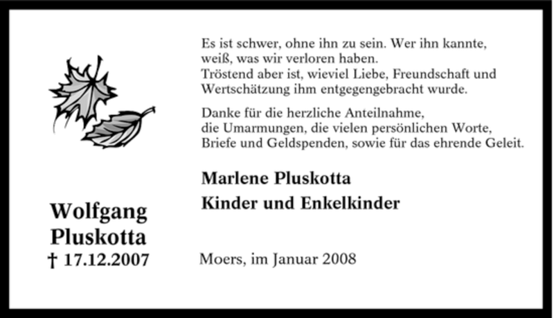  Traueranzeige für Wolfgang Pluskotta vom 28.01.2008 aus WESTDEUTSCHE ALLGEMEINE ZEITUNG