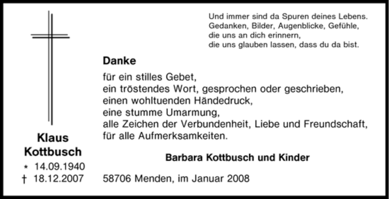  Traueranzeige für Klaus Kottbusch vom 30.01.2008 aus WESTDEUTSCHE ALLGEMEINE ZEITUNG