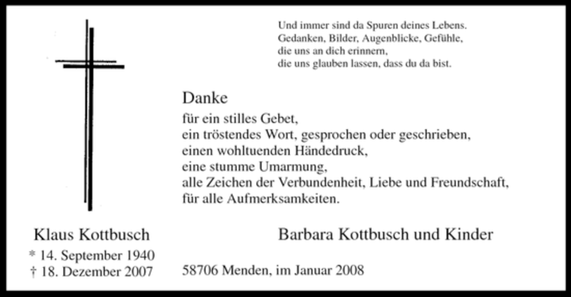  Traueranzeige für Klaus Kottbusch vom 30.01.2008 aus WESTDEUTSCHE ALLGEMEINE ZEITUNG