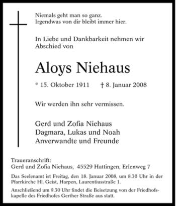 Traueranzeige von Aloys Niehaus von Tageszeitung