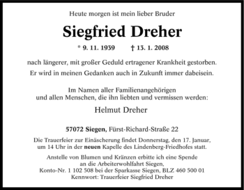 Traueranzeige von Siegfried Dreher von Tageszeitung