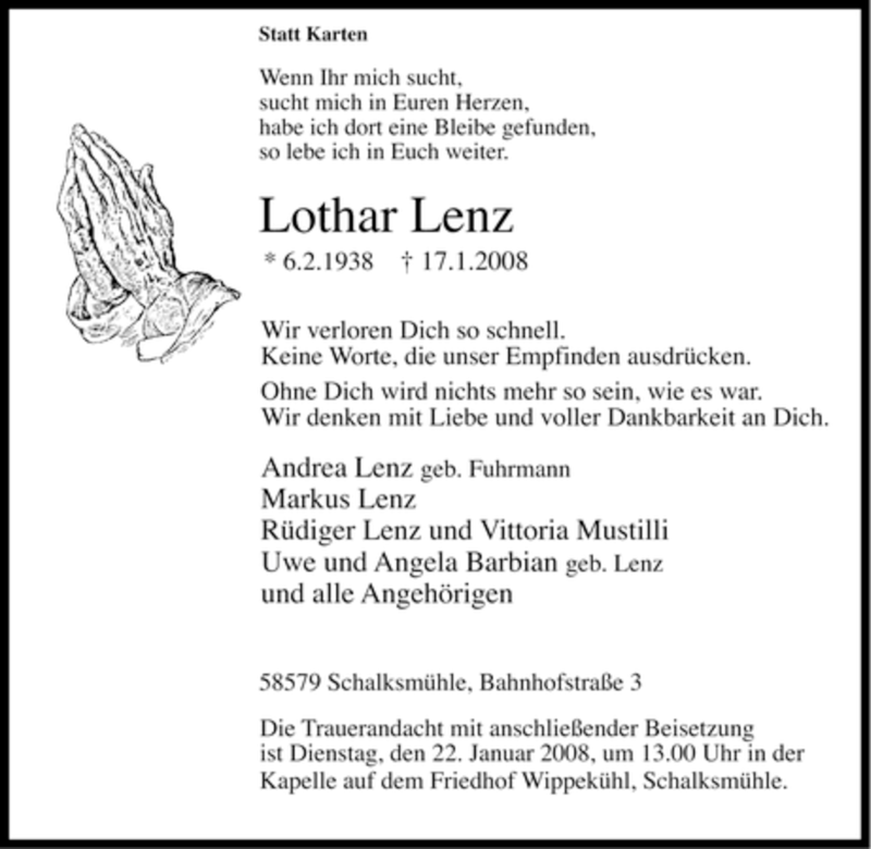  Traueranzeige für Lothar Lenz vom 19.01.2008 aus Tageszeitung