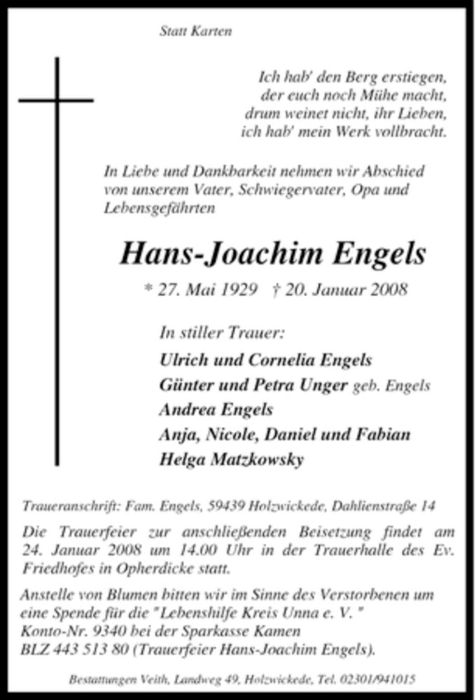  Traueranzeige für Hans-Joachim Engels vom 21.01.2008 aus Tageszeitung