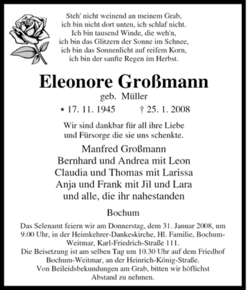  Traueranzeige für Eleonore Großmann vom 29.01.2008 aus Tageszeitung