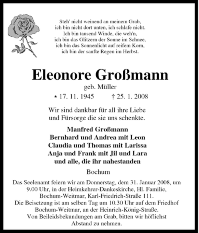  Traueranzeige für Eleonore Großmann vom 29.01.2008 aus Tageszeitung