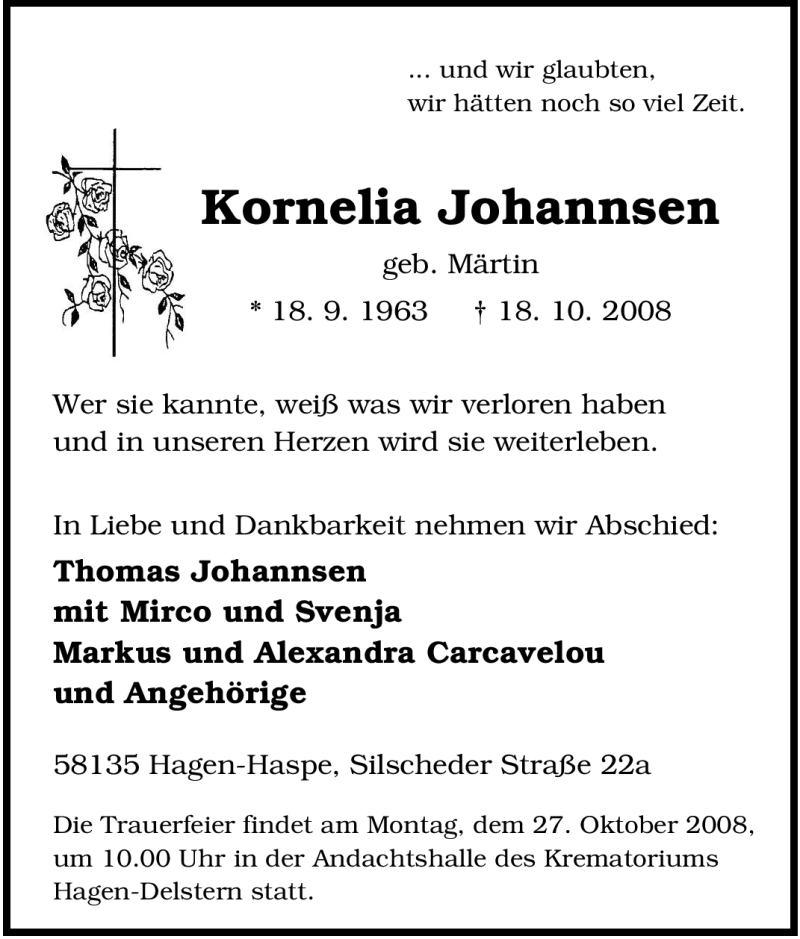  Traueranzeige für Kornelia Johannsen vom 23.10.2008 aus Tageszeitung