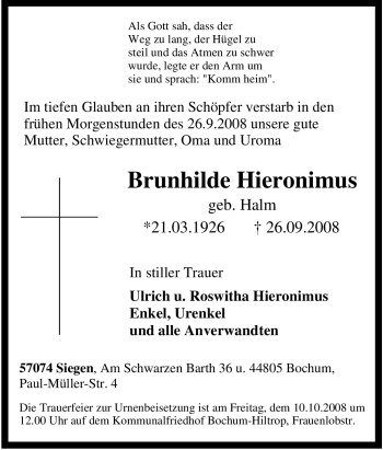 Traueranzeige von Brunhilde Hieronimus von Tageszeitung
